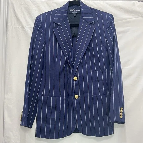 *SOLD*Ralph Lauren Blue Pinstriped Linen Women 2 Piece Suit USA Blue Label VTG - Picture 3 of 16